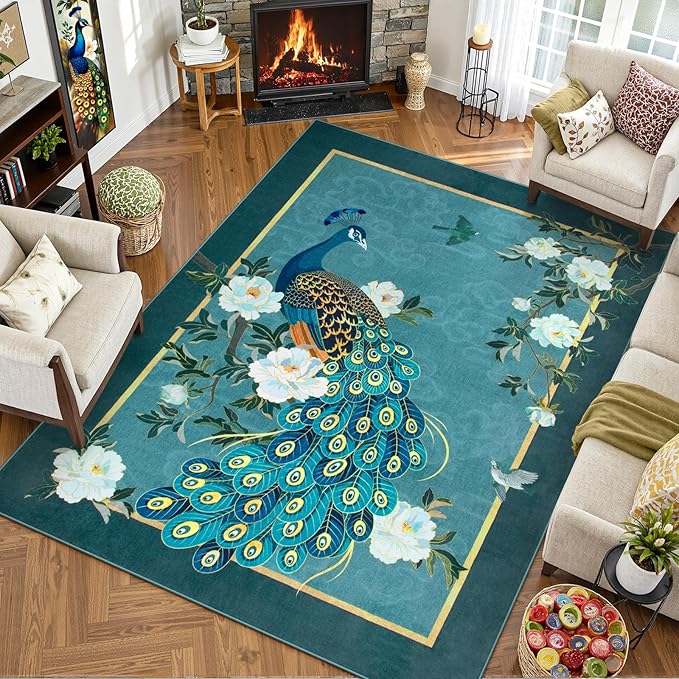 Lahome Peacock Washable Rugs 5x7, Soft Blue Rug - Image 3