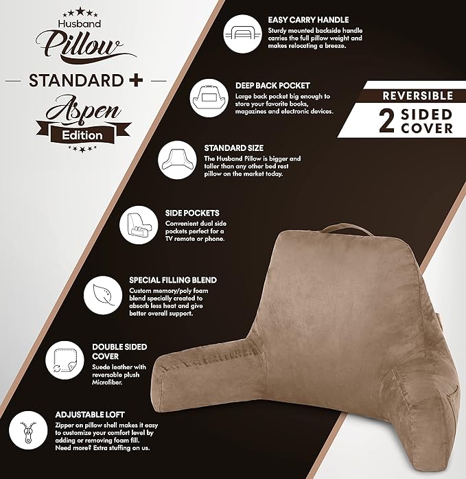 Husband Pillow Aspen Saddle Brown, Reading Pillow Bed Rest Chair, Two-Sided - Image 5