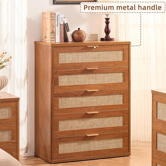 LEYAOYAO Rattan Dresser for Bedroom Set 2, Modern 5 Drawers Boho Dressers - Image 7