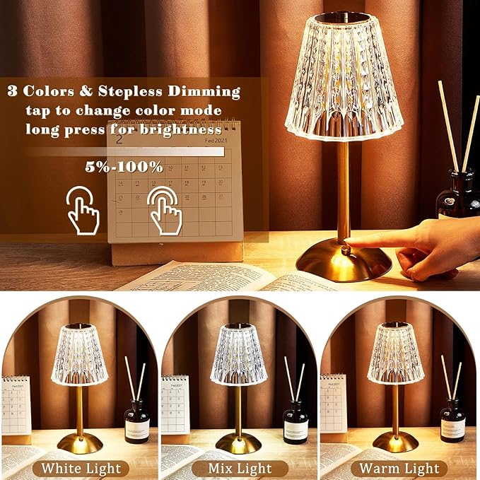 Liliful 2 Pcs Cordless Table Lamp Rechargeable Touch LED Small Gold Portable - Image 4
