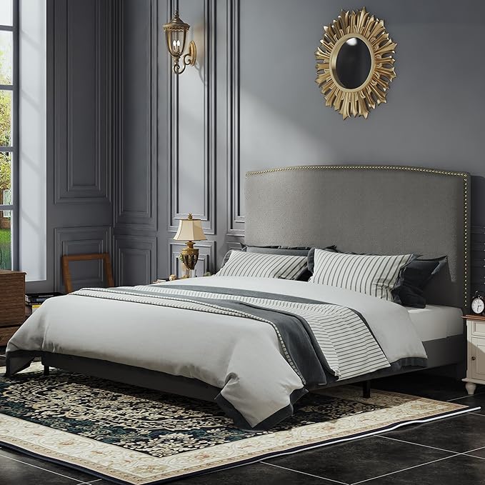 King Size Bed Frame and Headboard, Soft Boucle Fabric, No Box Spring Needed by BarnFurin