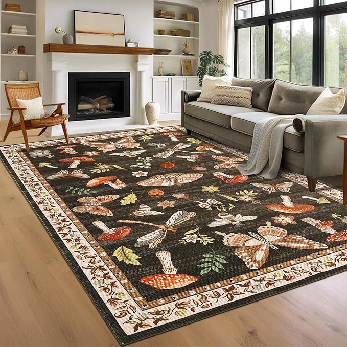 Mushroom 10x13 Area Rug for Living Room Washable Non Slip Forest Soft Low-Pile by ROYHOME