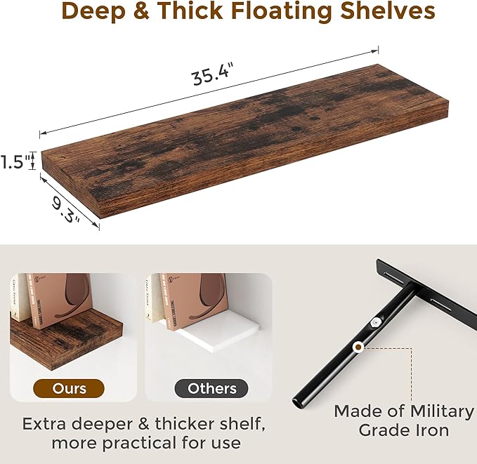 Floating Shelves for Wall, 36 x 9.3 Large Floating Shelf Wall Mounted Set of 2 - Image 3