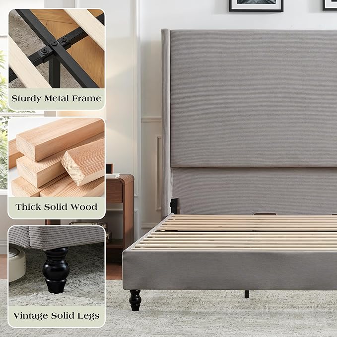 King Bed Frame with 65" Tall Headboard, Horizontal Fine Corduroy Bed Frame with - Image 7