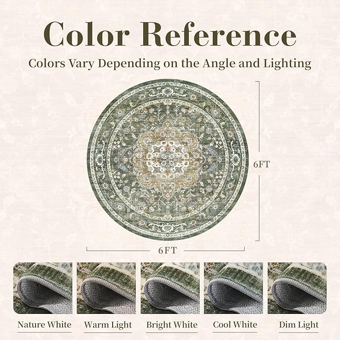 PADOOR 6FT Round Rug, Rugs for Living Room, Soft Olive Circle Rug, Machine - Image 2