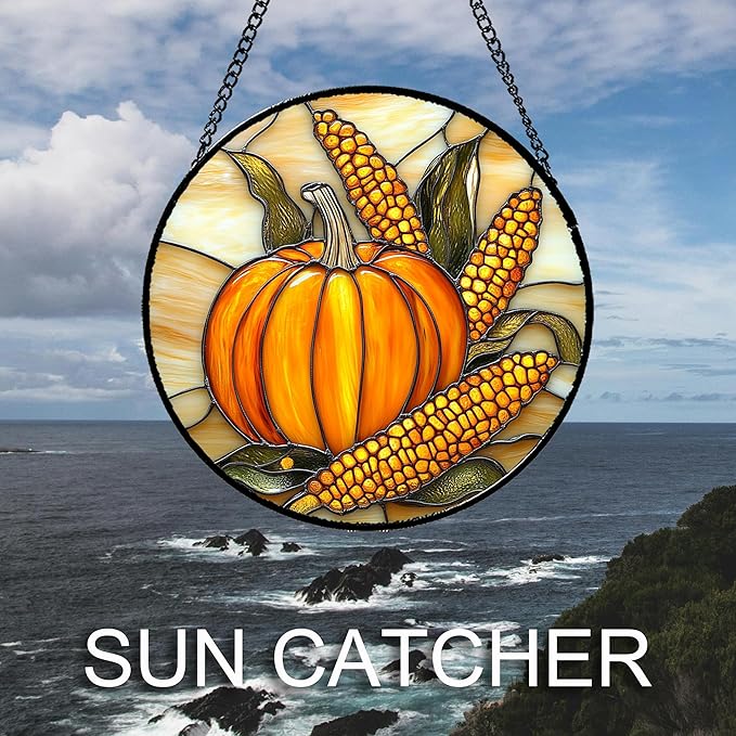 DASTOLL Stained Glass Window Hanging Autumn Harvest Pumpkin Corn Large 11.8" - Image 2