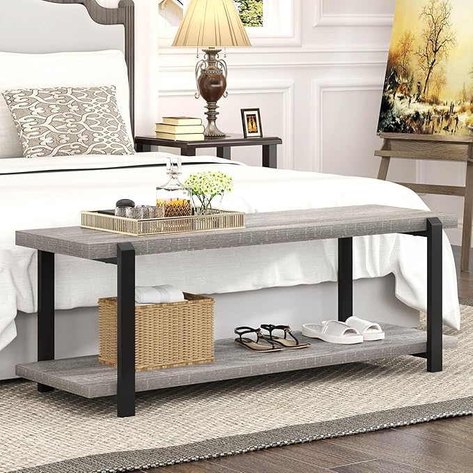 FOLUBAN Entryway Bench, Vintage Wood and Metal Shoe Bench - Image 4