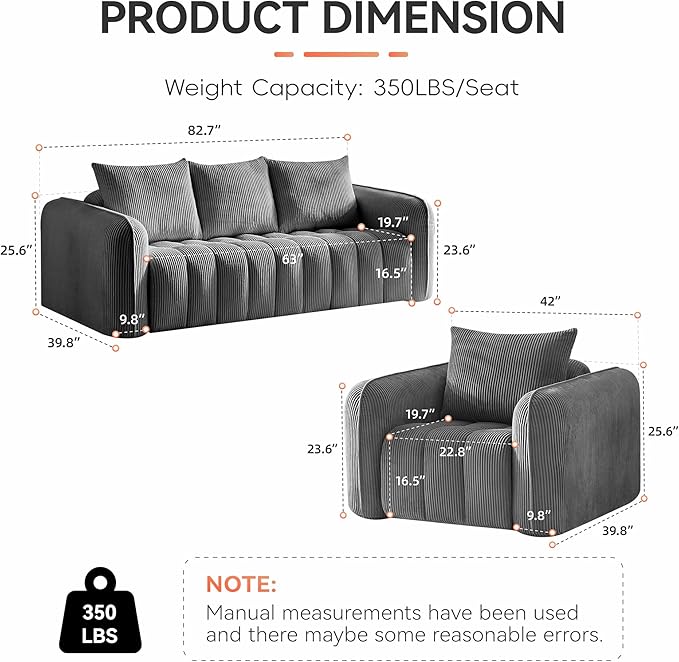Corduroy Boneless Living Room Sets, Modern Upholstered 3 Seater Sofa - Image 2