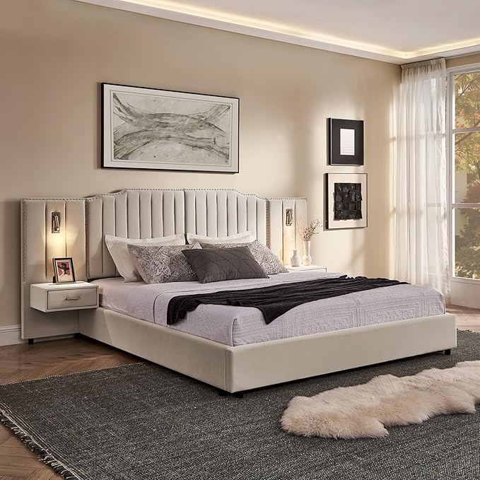 King Size Bed Frame with Storage, Luxury King Platform Bed Frame with Headboard by Firscook