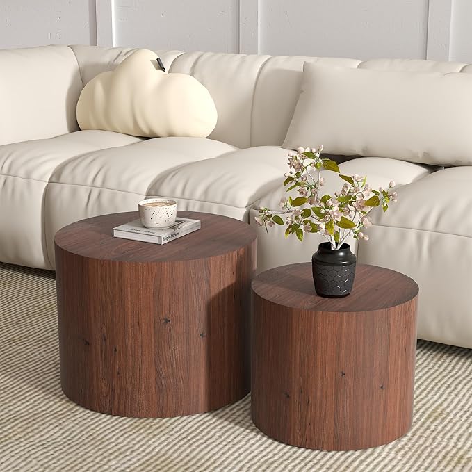 Nesting Coffee Table Set of 2, Round Walnut Wooden Coffee Tables Modern Circle by Furnivado