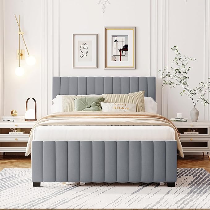 Full Bed Frame with Trundle Bed, Velvet Upholstered Platform Bed Frame - Image 3