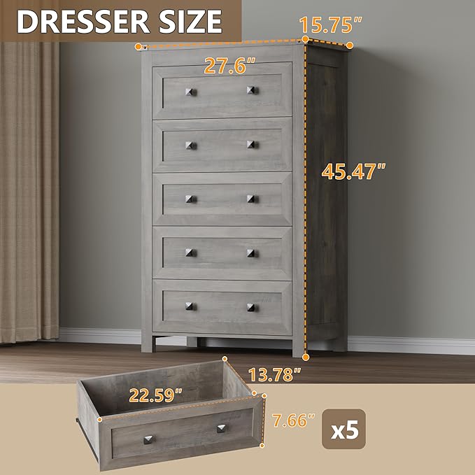 BORNOON Tall 5-Drawer Dresser, Modern Wooden Storage Chest of Drawers, Dresser - Image 2