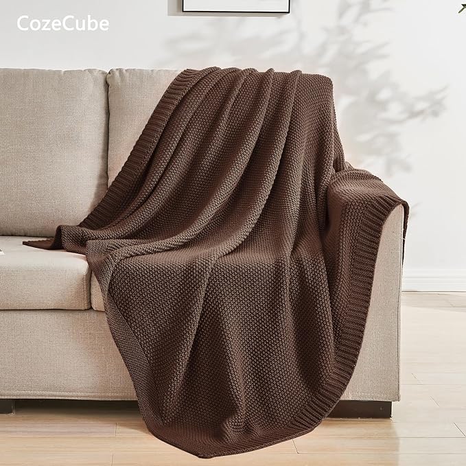 CozeCube Brown Throw Blanket for Couch, Soft Cozy Cable Knit Throw for Bed Sofa - Image 3