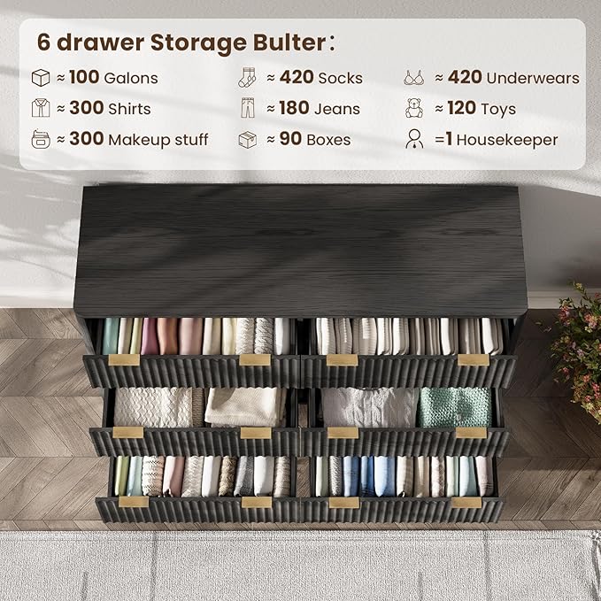 47'' Wide 6 Drawers Dresser for Bedroom, Modern Fluted Vertical Chest - Image 5