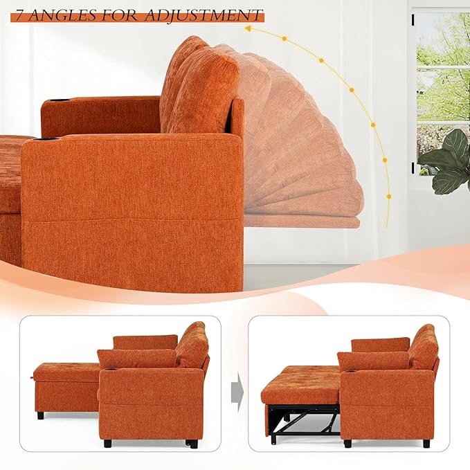 84" Chenille Pull Out Sofa Bed w/Adjustable Backrest, L-Shape Modern Sleeper - Image 4