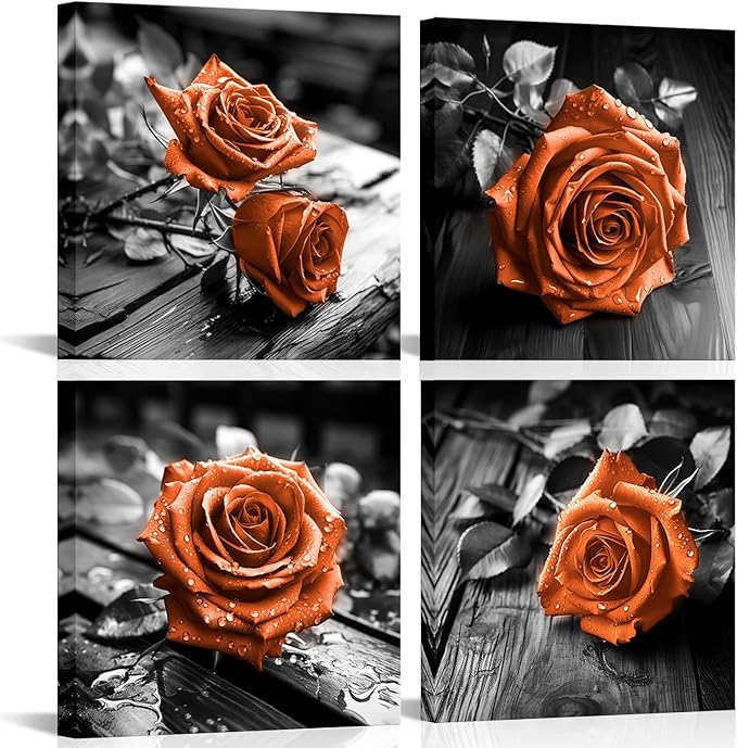 VANSEEING 4 Pieces Orange and Black Rose Flower Canvas Wall Art Floral Pictures by VANSEEING