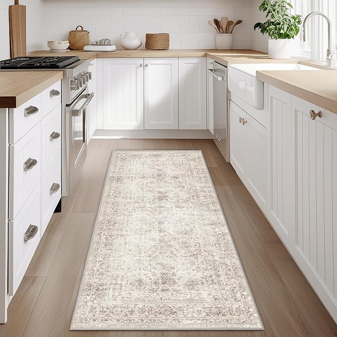Fmfunctex 2x8 Runner Rug Beige Washable Vintage Neutral Distressed Non Slip Low - Image 3