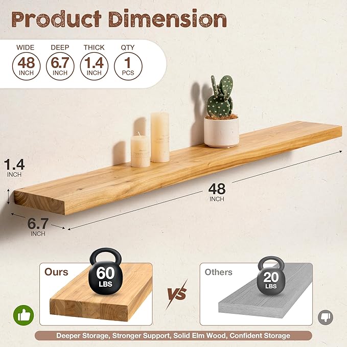 fuqing Floating Shelves for Wall, 48 inch Rustic Solid Elm Wood Floating Shelves - Image 3