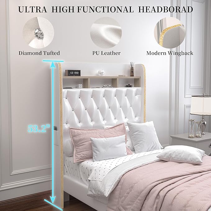 Twin LED Bed Frame with Storage Drawer, PU Upholstered Platform Beds with - Image 5