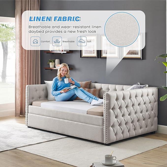 Antetek Daybed with Trundle, Modern Upholstered Full Size Button-Tufted Sofa - Image 7