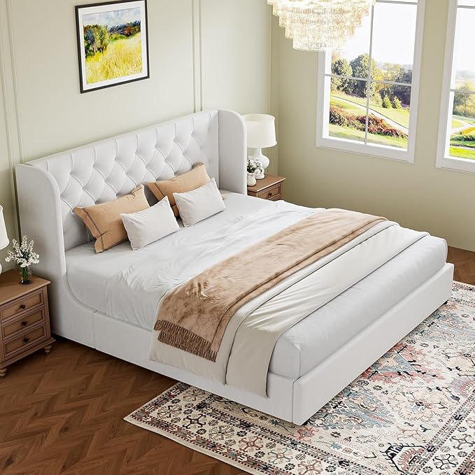 HOMBCK White King Bed Frame, Velvet Upholstered Platform Bed Frame by HOMBCK