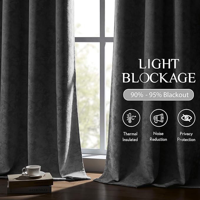 Beauoop Grey Floral Jacquard Blackout Curtains 108 Inches Long 2 Panels - Image 4