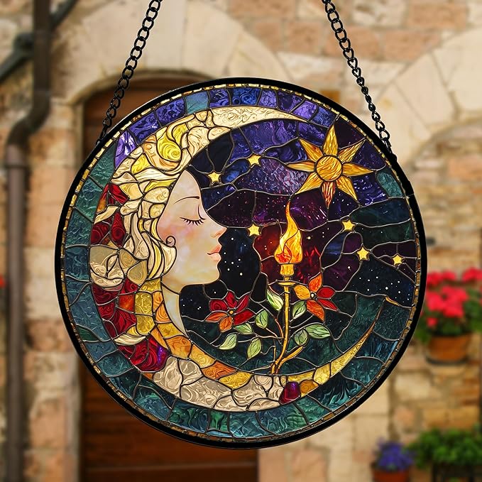 DASTOLL Stained Glass Window Hanging, Moon Goddess Torch Suncatcher Diamond - Image 2