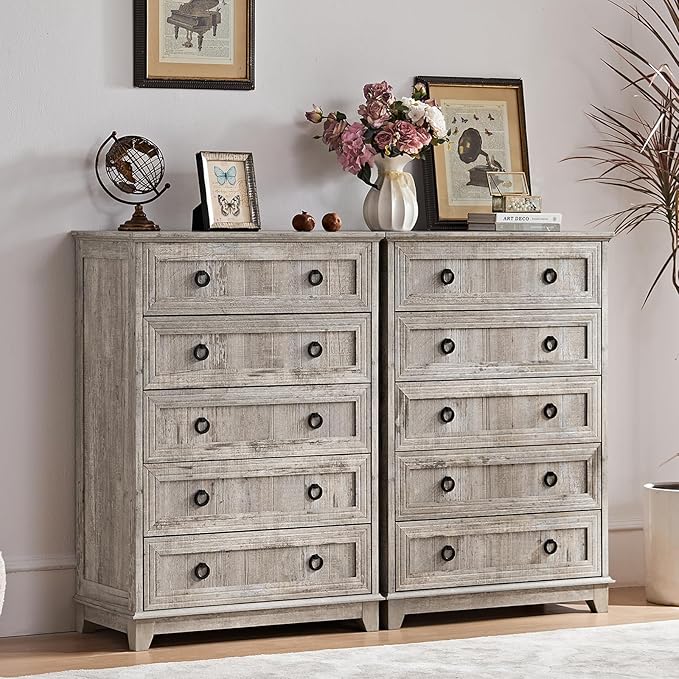 Farmhouse 5 Drawer Dresser for Bedroom Set of 2, Rustic Wood Dresser by Joaxswe