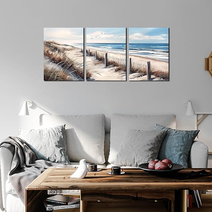 Blue Beach Canvas Wall Art for Living Room Bedroom Bathroom Nature Landscape - Image 4