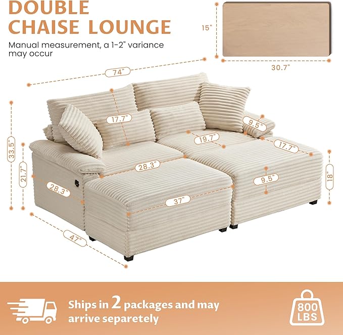 74" Double Chaise Lounge Chair Indoor, Oversized Loveseat - Image 2
