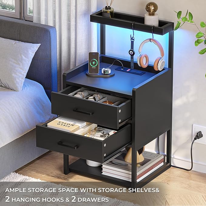 VIAGDO Nightstand with Charging Station and LED Lights, Modern End Side Tables - Image 3