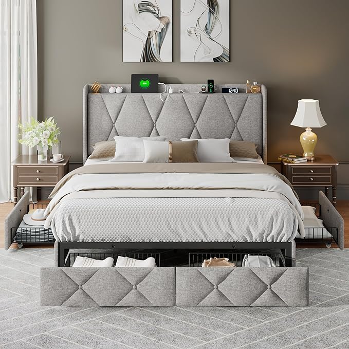Feonase Full Bed Frame with 4 Storage Drawers, Upholstered Button Tufted - Image 7