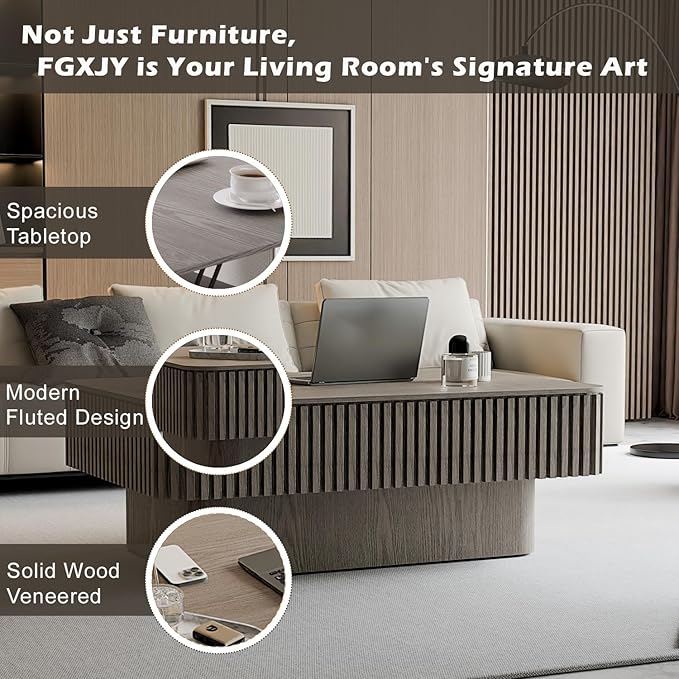 Lift Coffee Table with Storage & Adjustable Height, Rectangle Solid Wood Coffee - Image 4