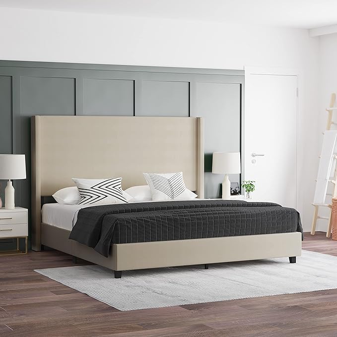 EMMA + OLIVER Nora King Size Faux Linen Upholstered Platform Bed by EMMAOLIVER