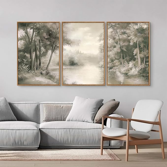 Yeehomedec Vintage Nature Landscape Framed Canvas Wall Art Set, Rustic Misty - Image 3