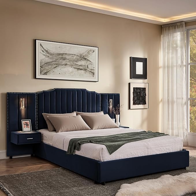 Luxury Queen Bed Frame with Headboard and Storage, Velvet Fabric Upholstered by Firscook