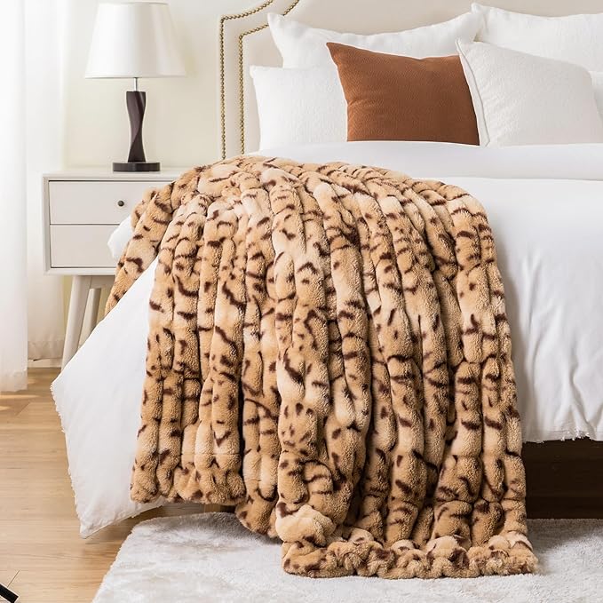 BATTILO HOME Luxury Ruched Faux Fur Throw Blanket Leopard Print, Double Side - Image 2