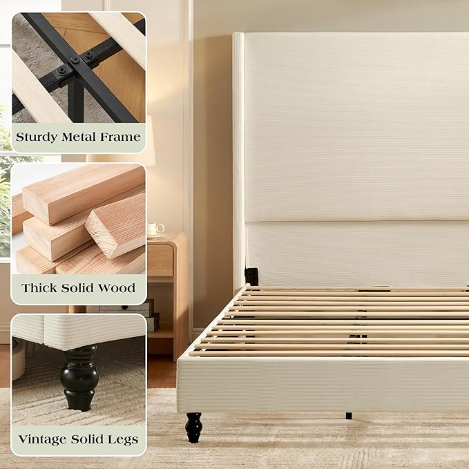 Queen Bed Frame with 63" Tall Headboard, Horizontal Fine Corduroy Bed Frame - Image 7