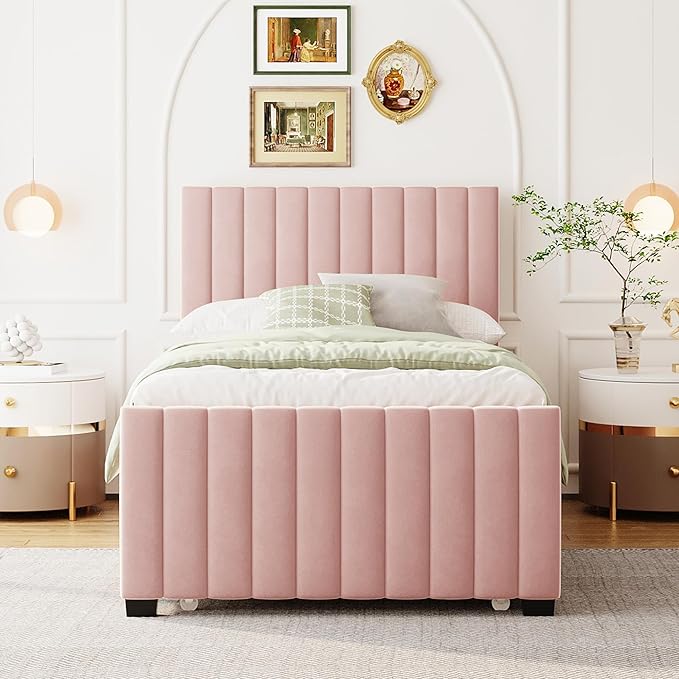 Twin Size Bed Frame with Trundle Bed, Velvet Upholstered Bed Frame, Twin Size - Image 3
