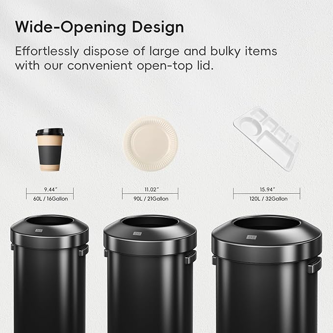 EKO 16-Gallon Round Black Stainless Steel Open Top Trash Can, Large Commercial - Image 6