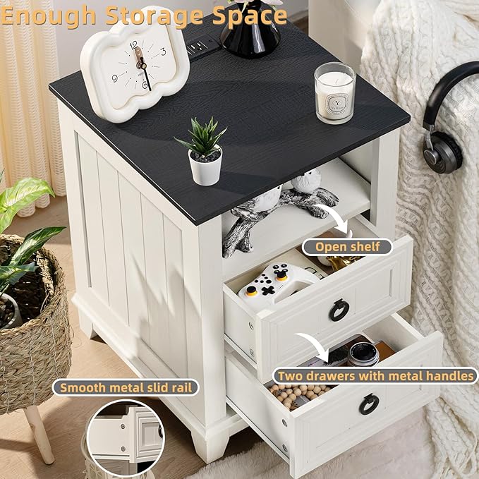 18" Farmhouse Night Stand with Charging Station, 2 Drawers End Table Dresser - Image 4