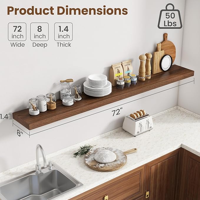 72 Inch Floating Shelves for Wall, 8 Inch Deep Floating Shelf for Storage & - Image 3