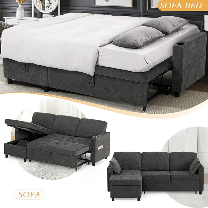 84" Fabric Pull Out Sofa Bed w/Adjustable Backrest, L-Shape Modern Sleeper Sofa - Image 7