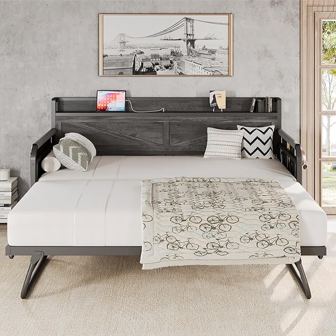 LIKIMIO Twin Daybed with Trundle Bed, Storage Headboard with Charging Station - Image 9