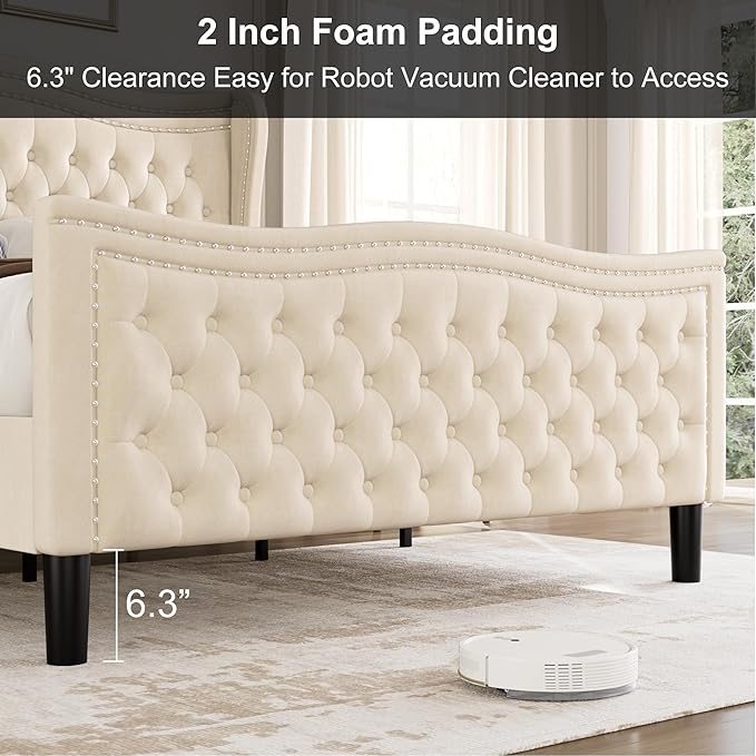 King Bed Frame with Tall Headboard & Footboard, Velvet Upholstered Platform Bed - Image 7