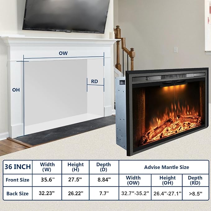 Electric Fireplace Insert, 36 Inches Recessed Fireplace Heater - Image 6