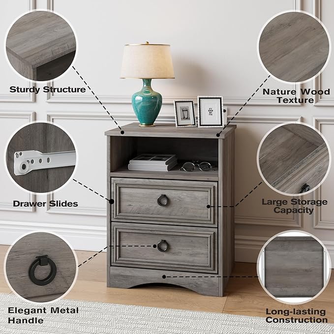 Set of 2 Nightstand with 2 Drawers, Large Accent Bed Side Table and End Table - Image 8