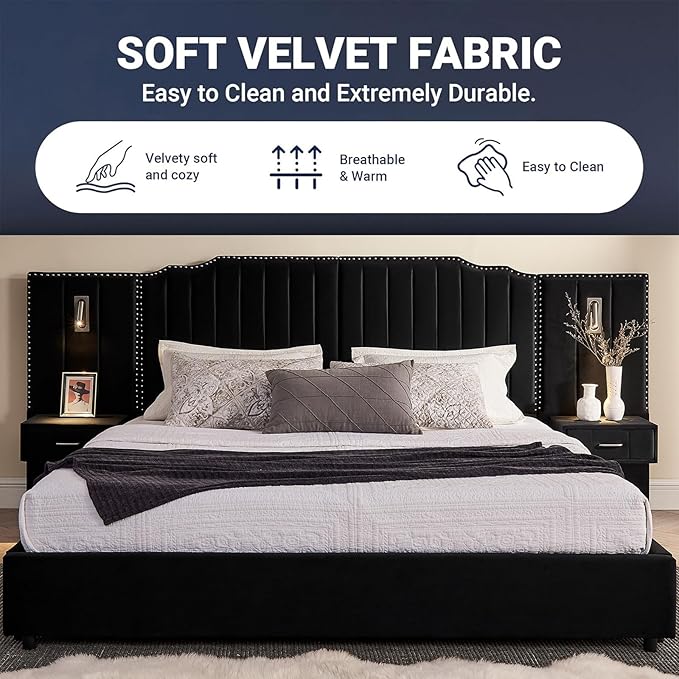King Size Bed Frame with Storage, Luxury King Platform Bed Frame with Headboard - Image 5