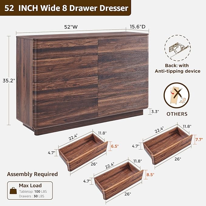 ACCOHOHO 8 Drawer Dresser for Bedroom, 52 Inch Wide Modern Chest of Drawers - Image 2