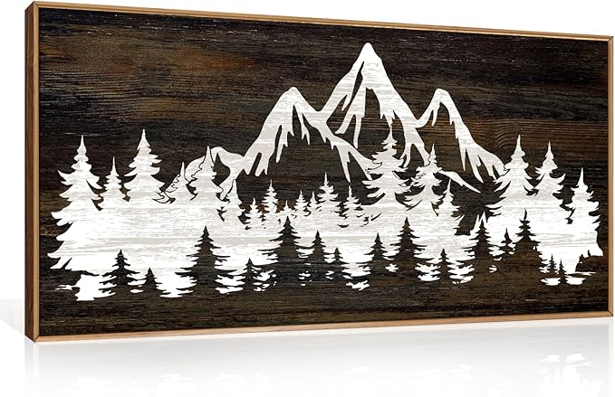 LHIUEM Large Mountain Tree Framed Canvas Wall Art, Modern White Forest Art by LHIUEM